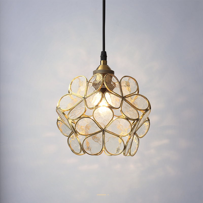 Nordic Glass Petal Pendant Light In Brass, Hand-Stitched
