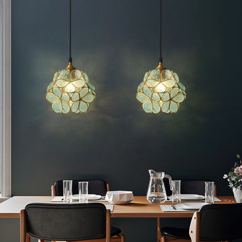 Nordic Glass Petal Pendant Light In Brass, Hand-Stitched