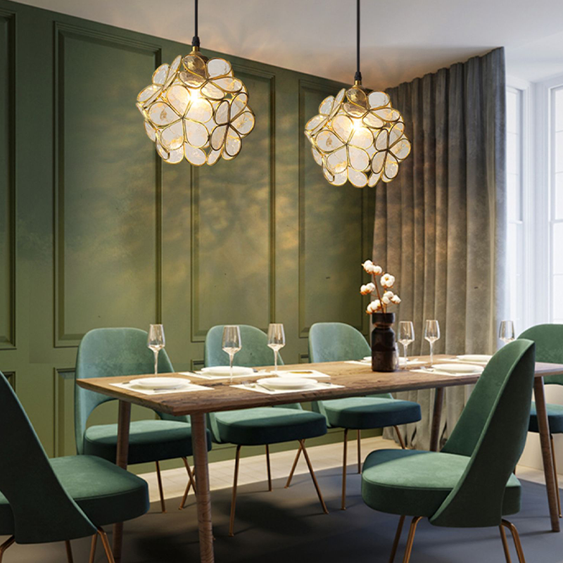 Nordic Glass Petal Pendant Light In Brass, Hand-Stitched