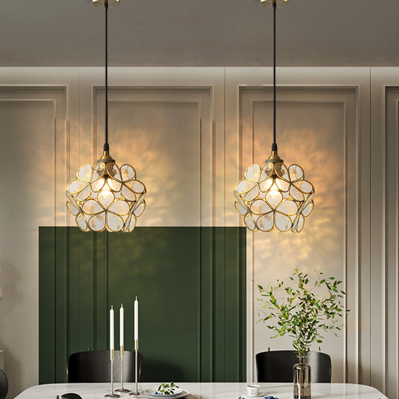 Nordic Glass Petal Pendant Light In Brass, Hand-Stitched