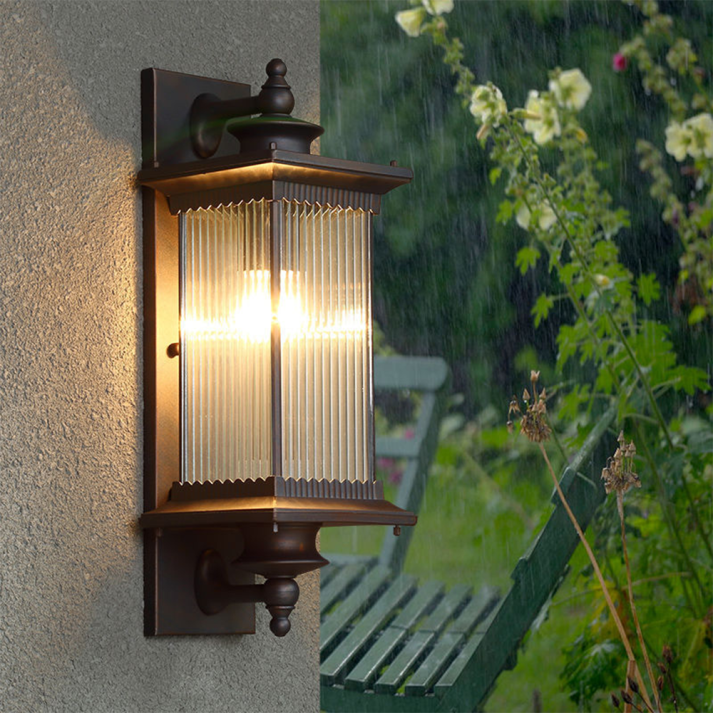 Classic Outdoor Wall Light With Ribbed Glass Lantern In Black Metal