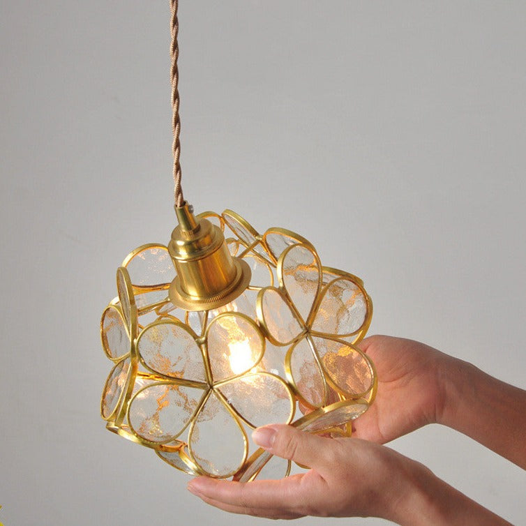 Nordic Glass Petal Pendant Light In Brass, Hand-Stitched