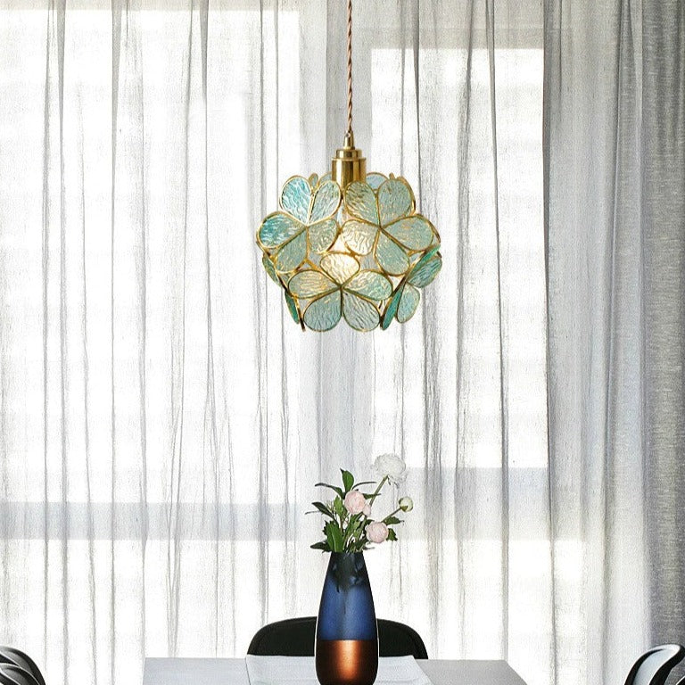 Nordic Glass Petal Pendant Light In Brass, Hand-Stitched