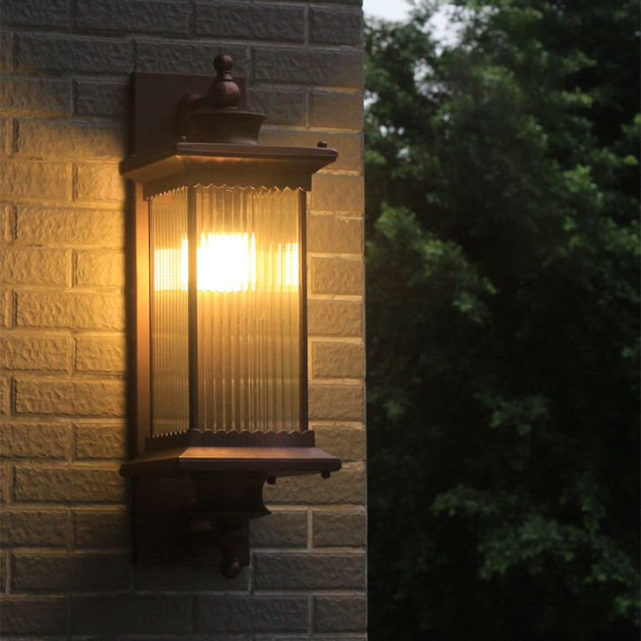 Classic Outdoor Wall Light With Ribbed Glass Lantern In Black Metal