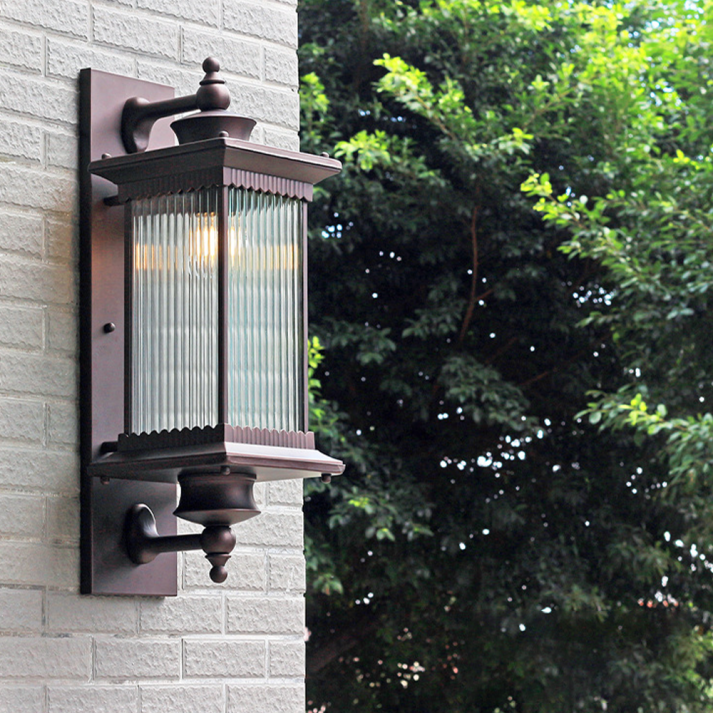 Classic Outdoor Wall Light With Ribbed Glass Lantern In Black Metal