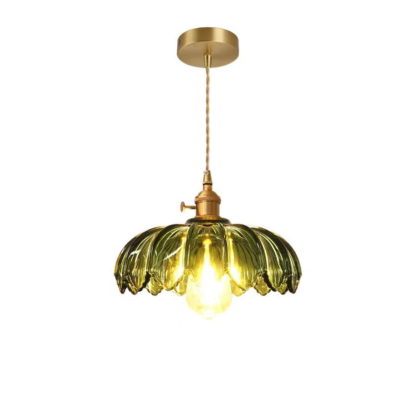 Vintage Floral Glass Pendant Lamp with Copper Details