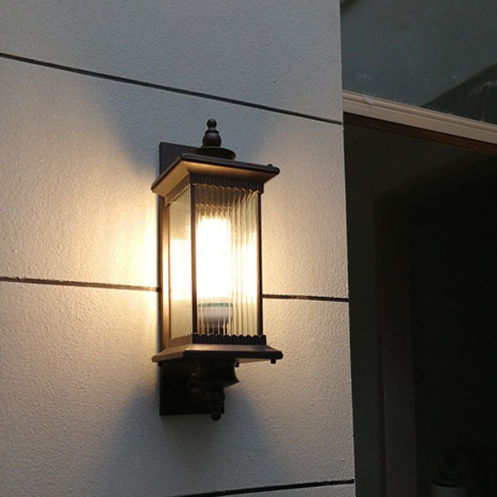 Classic Outdoor Wall Light With Ribbed Glass Lantern In Black Metal