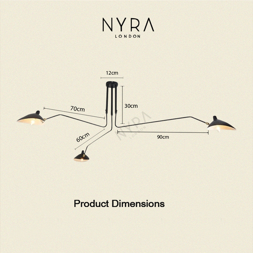 LyraLume Three Arm Ceiling Chandelier in Black and Gold