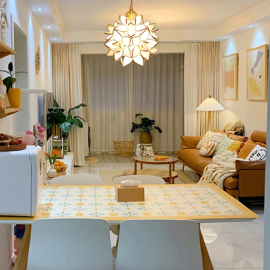 Capiz Shell Glass Pendant Light With Metal Frame For Living Room