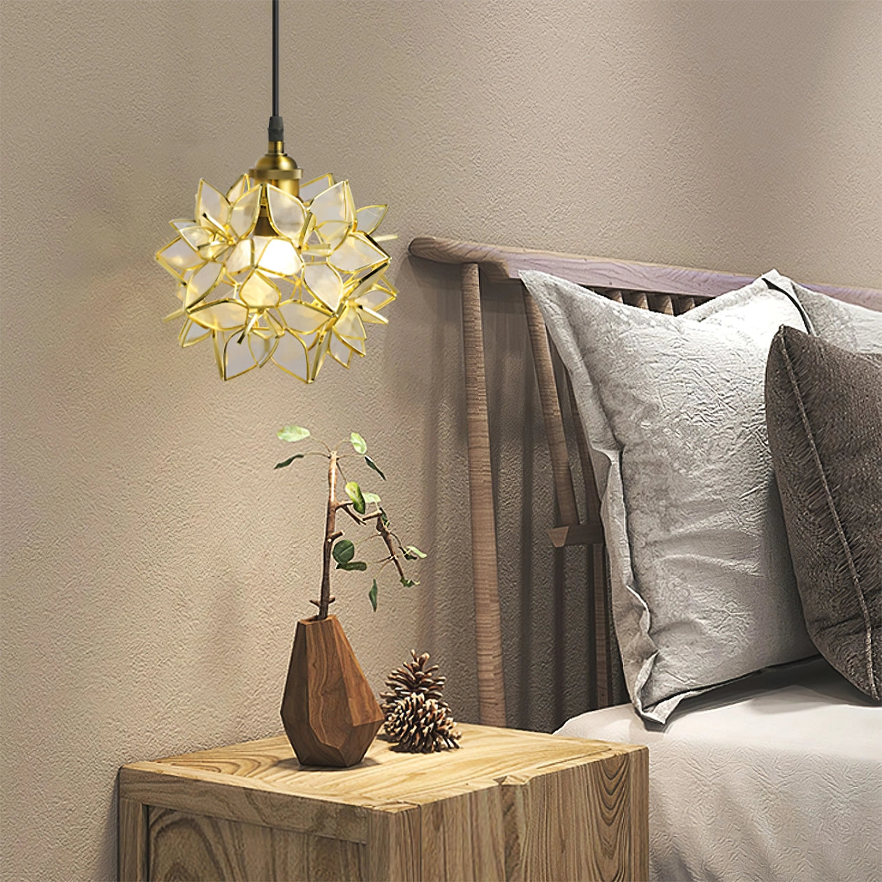 Capiz Shell Glass Pendant Light With Metal Frame For Living Room