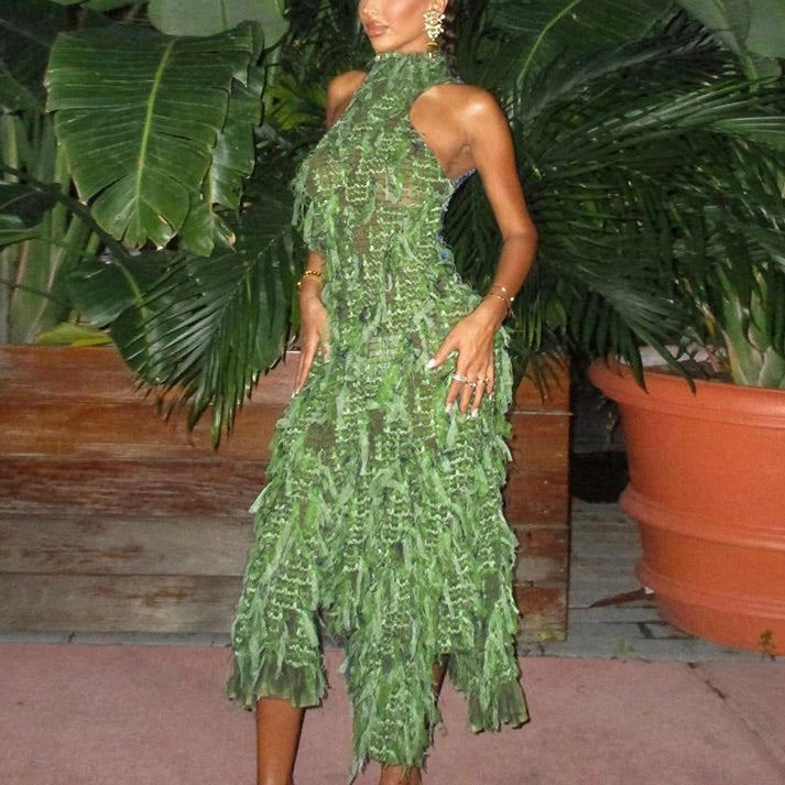 Vivara Long Sleeve Maxi Dress With Tassel Detail, Polyester