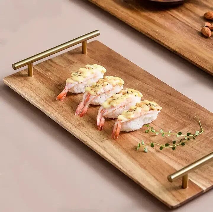 Plateau de service rectangulaire en bois Sylvara avec poignée en métal