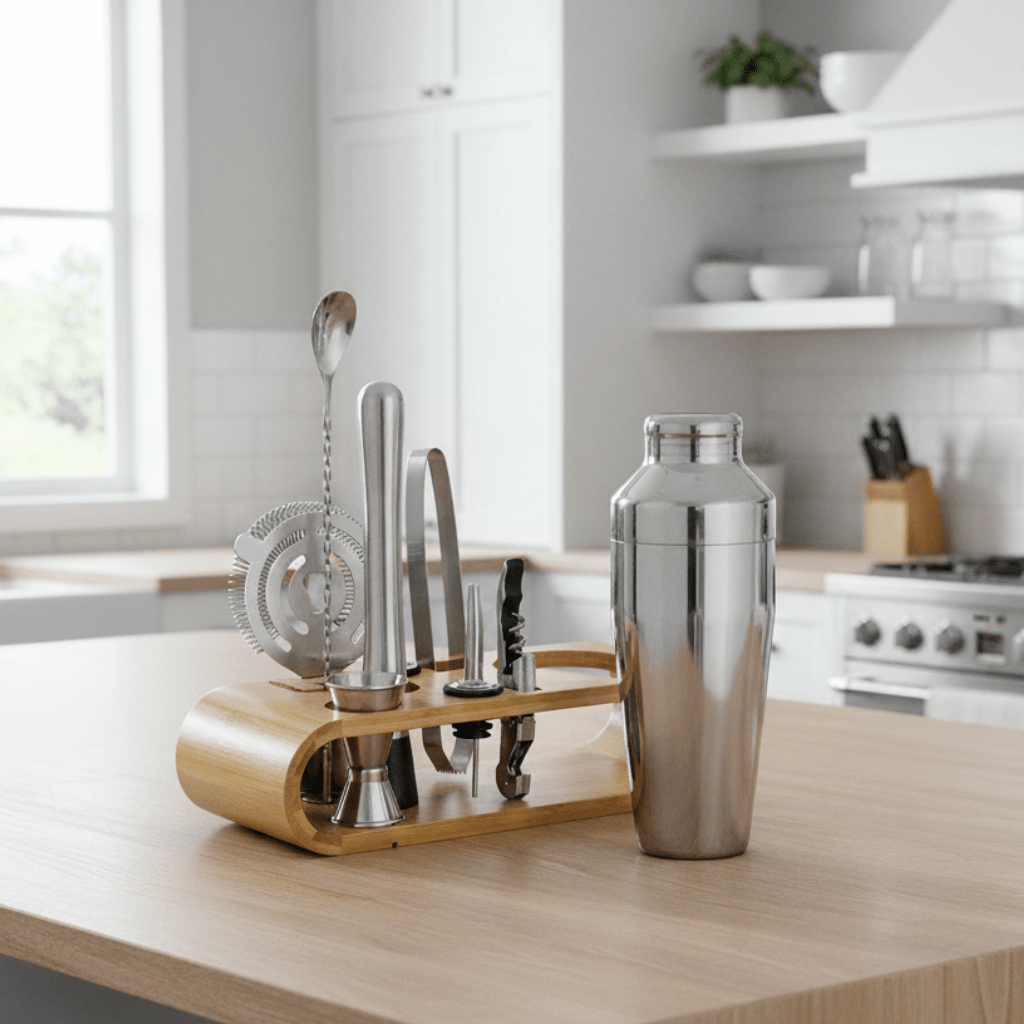 PulseMix 10 Rustfrit Stål Cocktailshaker Sæt Med 10 Vigtige Barredskaber Og Stativ