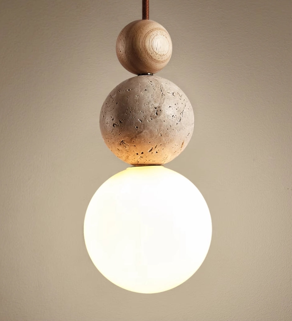 Rustic Modern Travertine Lava Stone Pendant Light With Glass And Wood