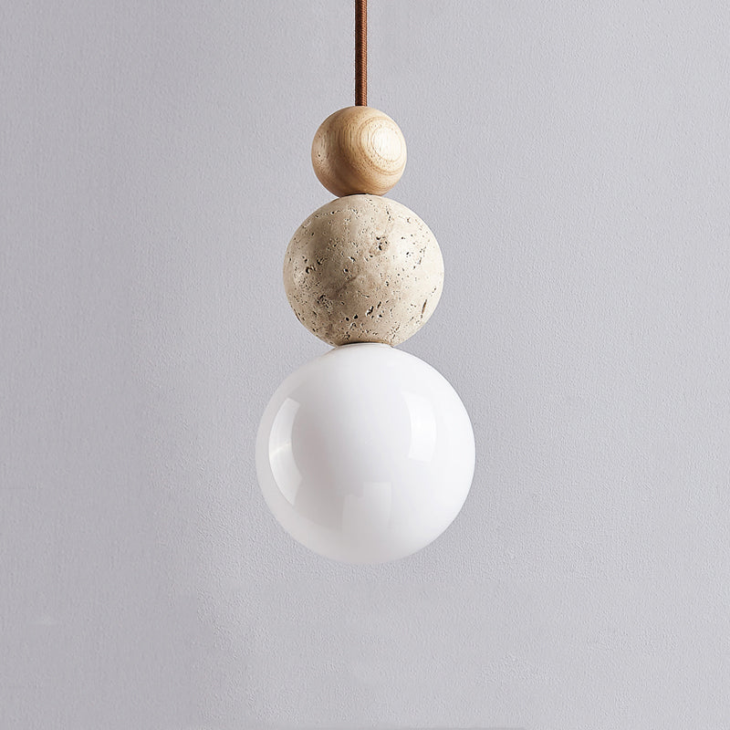Rustic Modern Travertine Lava Stone Pendant Light With Glass And Wood
