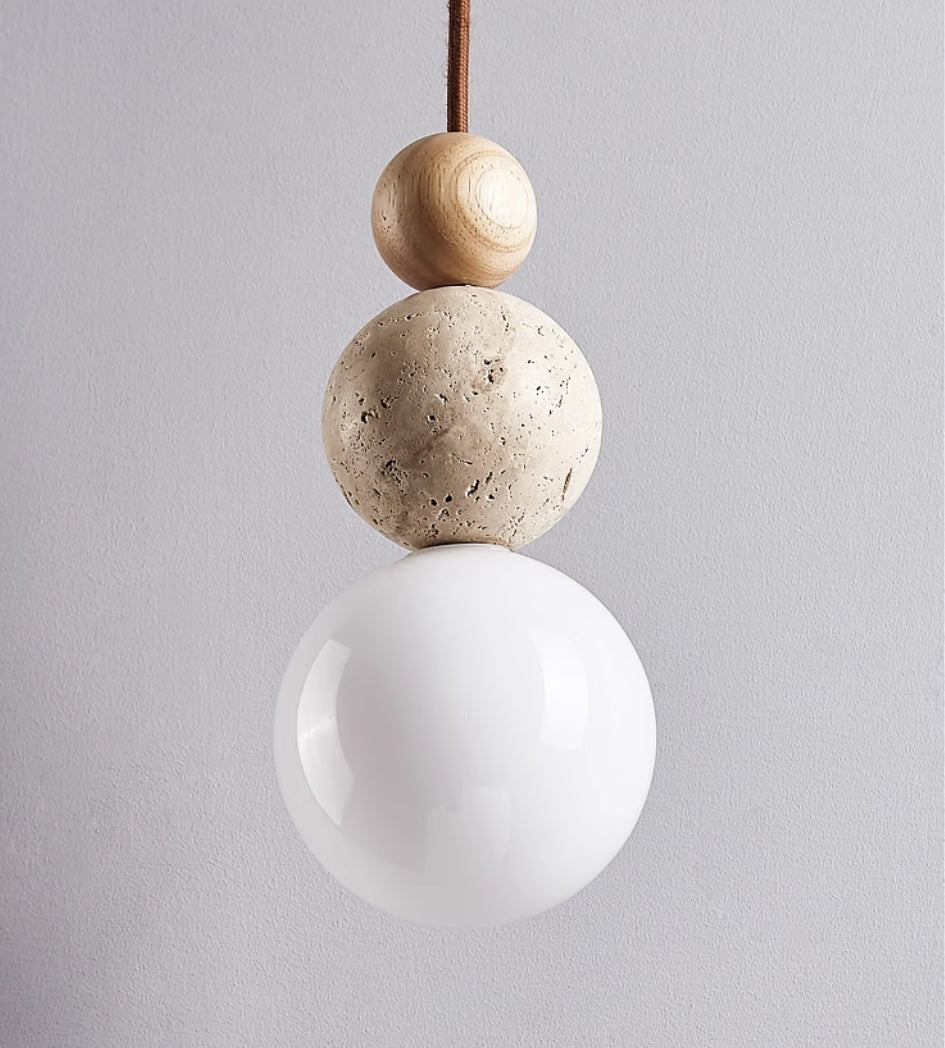 Rustic Modern Travertine Lava Stone Pendant Light With Glass And Wood