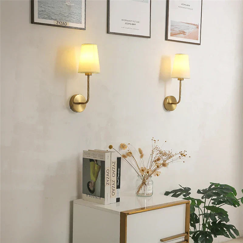 Modern Wall Sconce With Brass Arm Linen Shade For Hallways