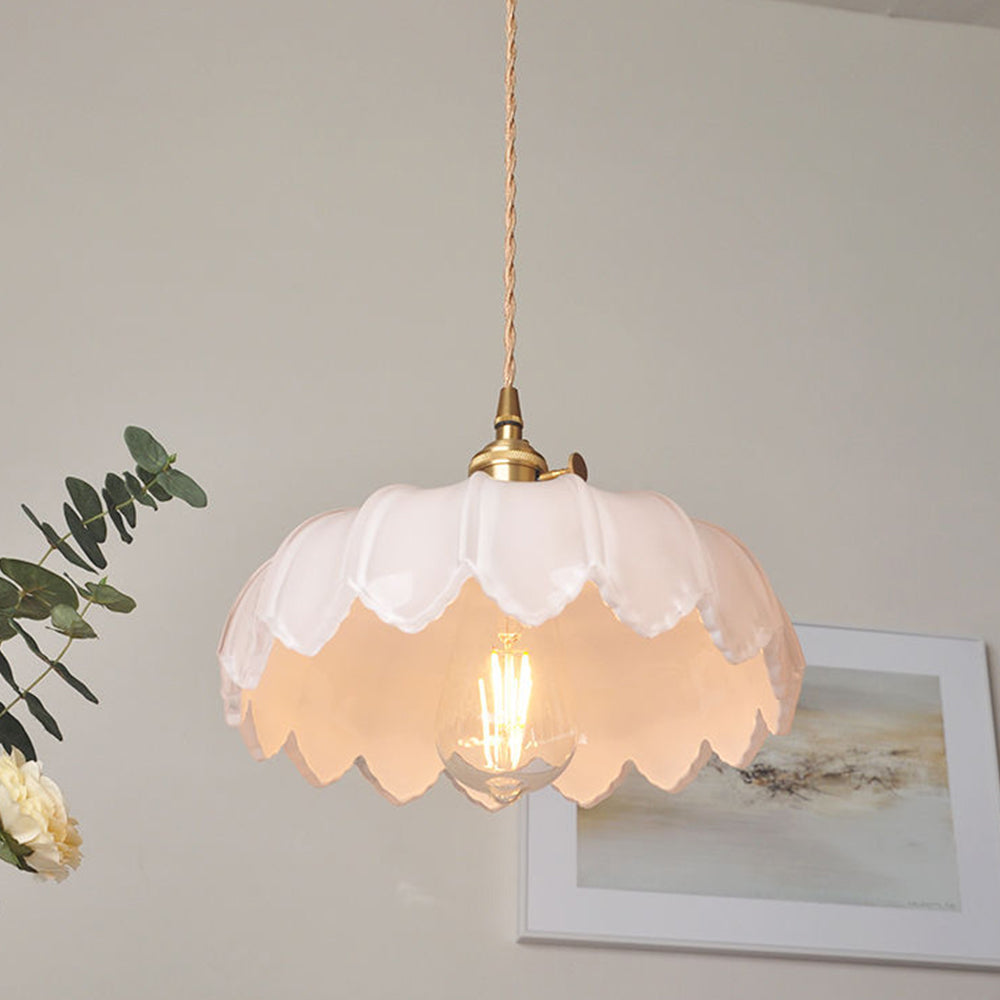 Vintage Floral Glass Pendant Lamp with Copper Details