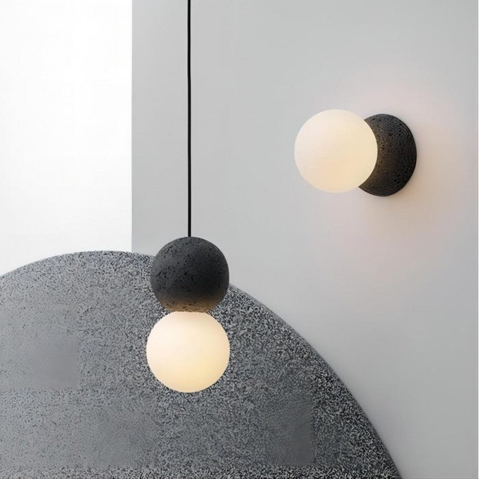 Vireli Pendant Light in Zement with Volcanic Stone and Opal Glass