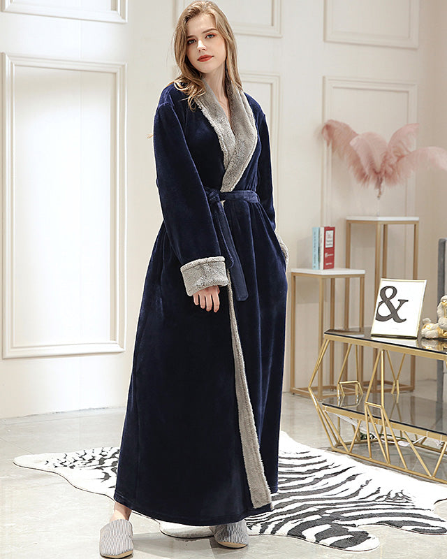 Navy Blue Plush Long Robe With Gray Fur Trim Collection