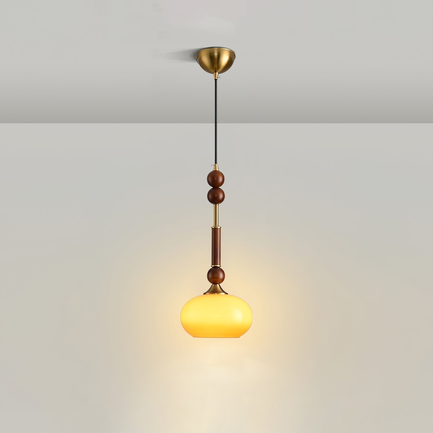 Valoria Roman Glass Brass LED Pendant Light with Wood Accent