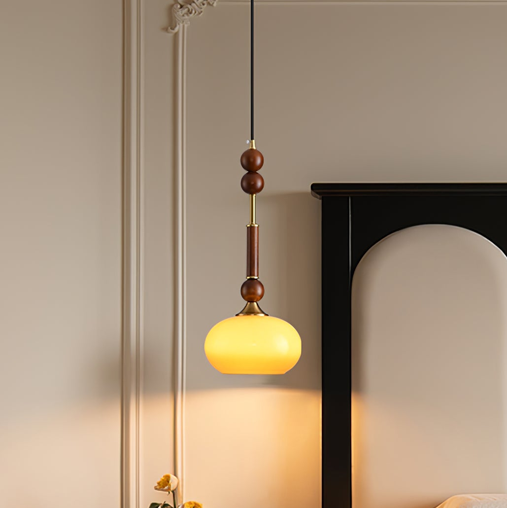 Valoria Roman Glass Brass LED Pendant Light with Wood Accent