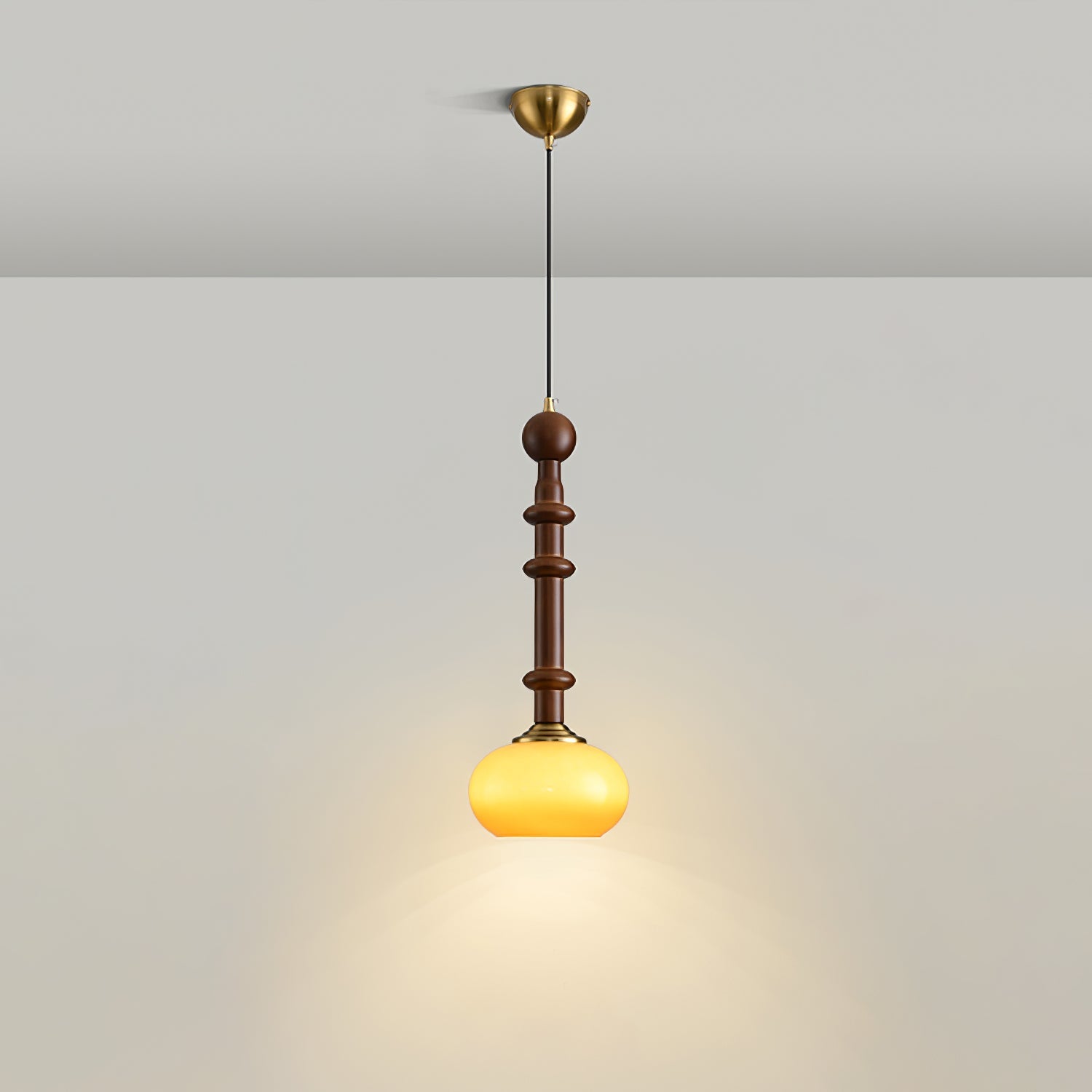 Valoria Roman Glass Brass LED Pendant Light with Wood Accent