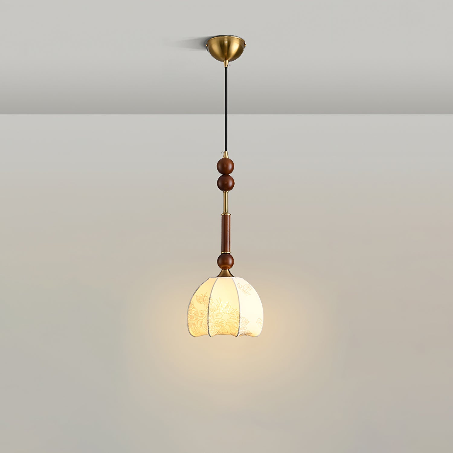 Valoria Roman Glass Brass LED Pendant Light with Wood Accent