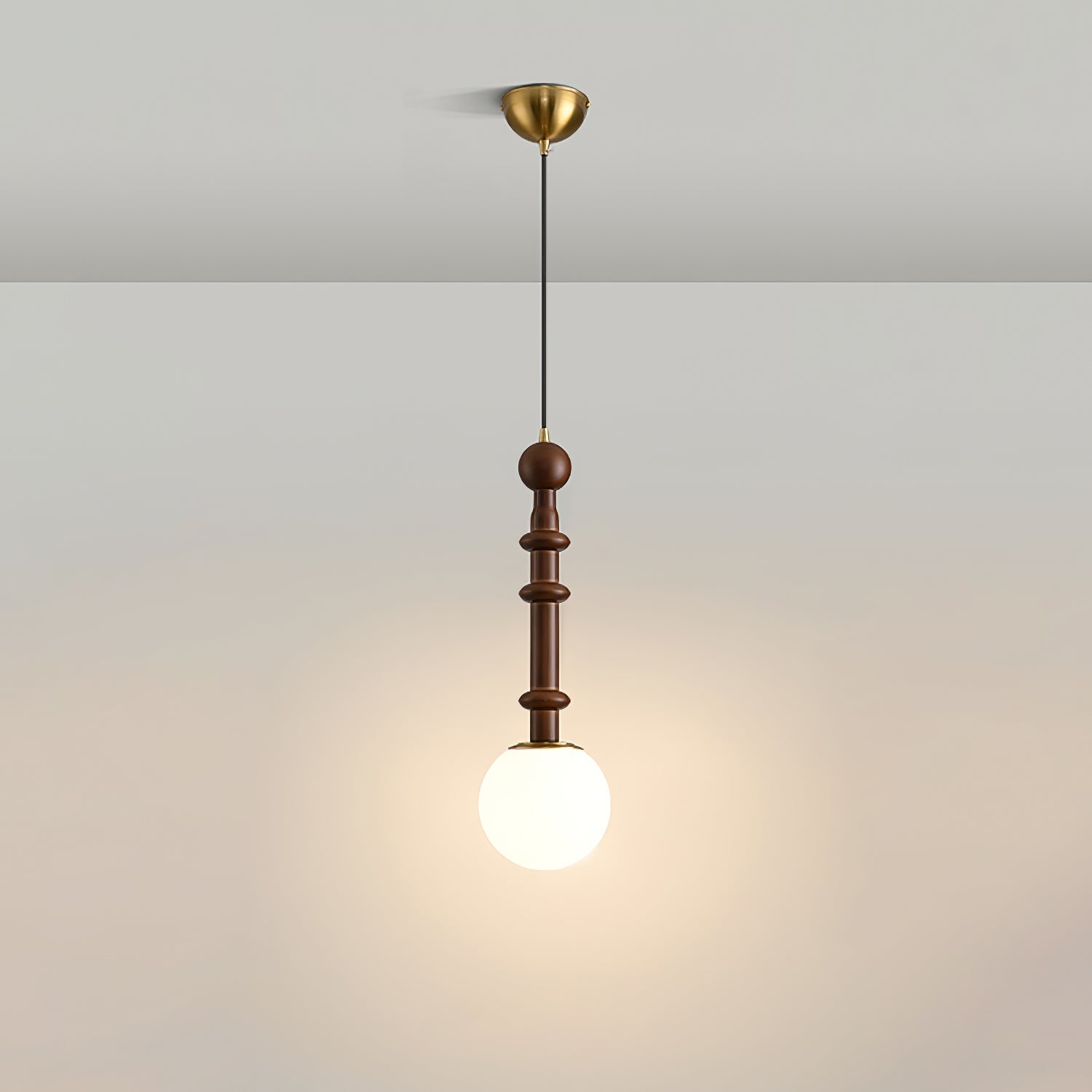 Valoria Roman Glass Brass LED Pendant Light with Wood Accent
