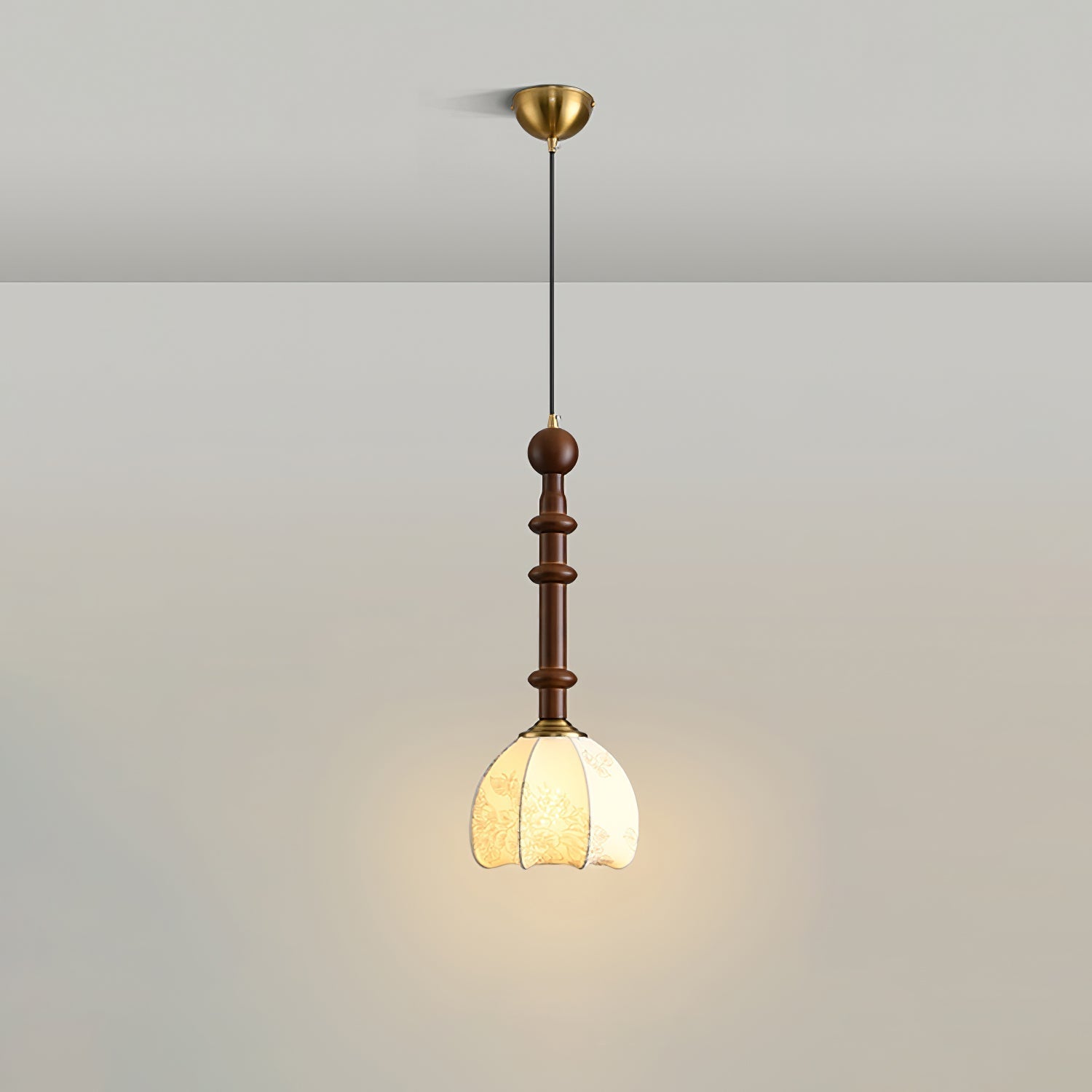 Valoria Roman Glass Brass LED Pendant Light with Wood Accent