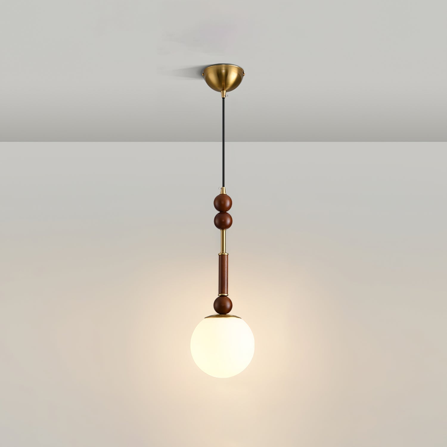 Valoria Roman Glass Brass LED Pendant Light with Wood Accent