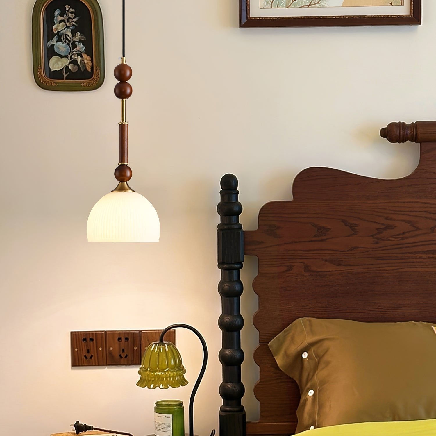 Valoria Roman Glass Brass LED Pendant Light with Wood Accent