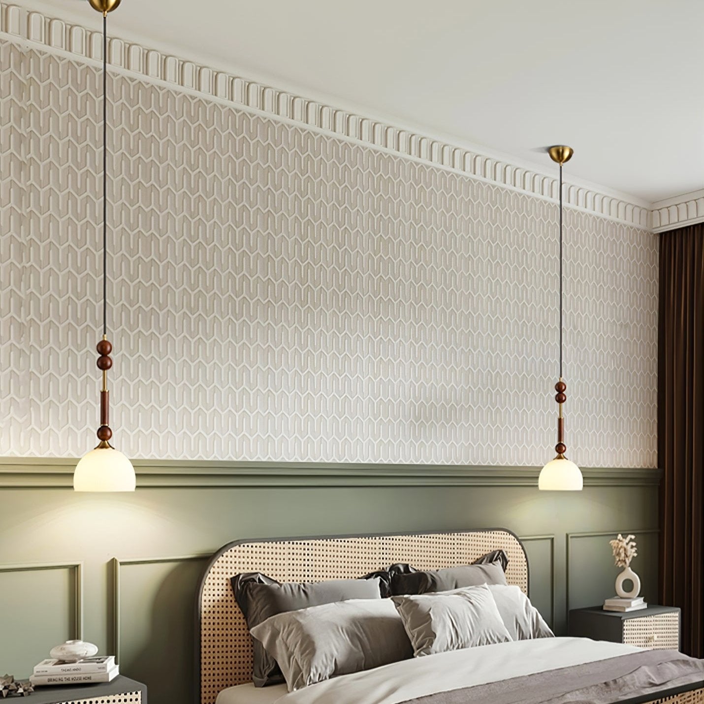 Valoria Roman Glass Brass LED Pendant Light with Wood Accent