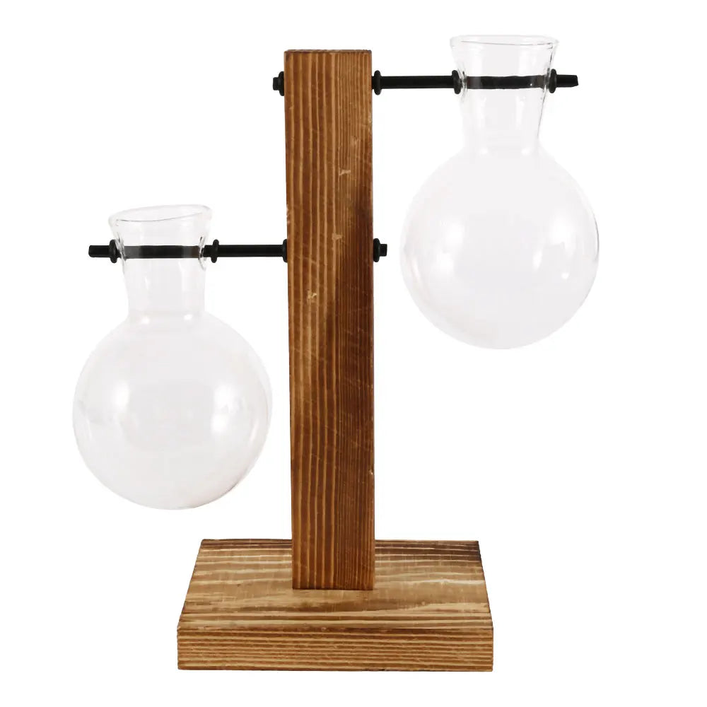 WoodenBloom - Creative Glass Desktop Planter with Wooden Stand – Hydroponic Bulb Vase for Home & Office Decor
