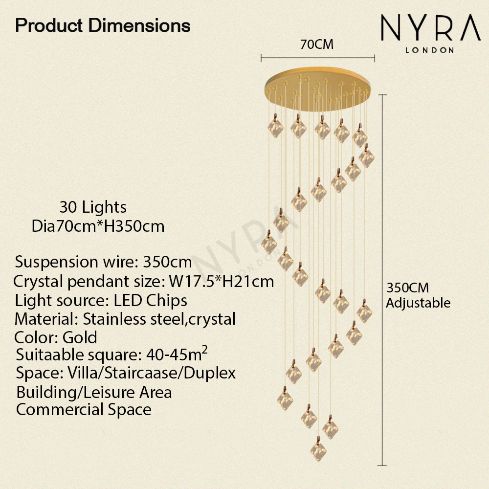 Aurelia Gold Drop LED-krystalllysekrone med glasskrystaller
