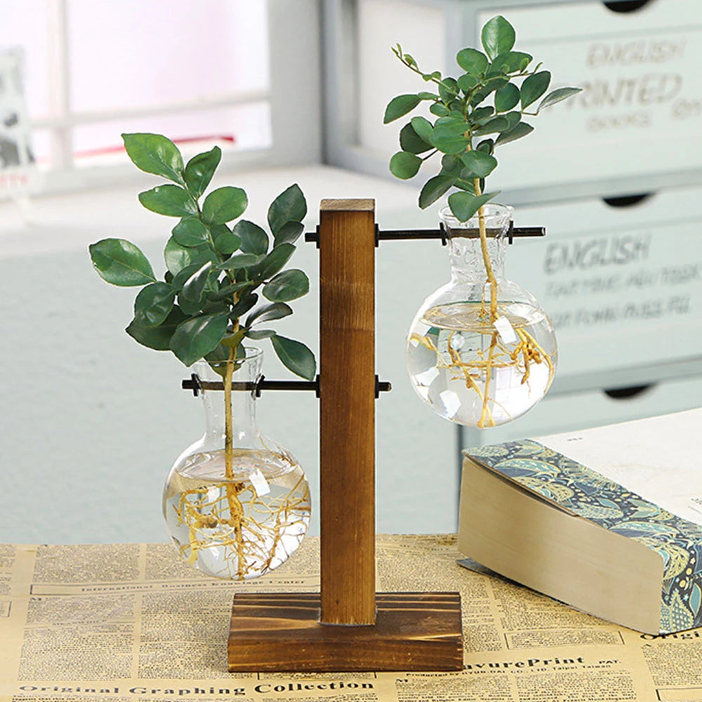 WoodenBloom - Creative Glass Desktop Planter with Wooden Stand – Hydroponic Bulb Vase for Home & Office Decor