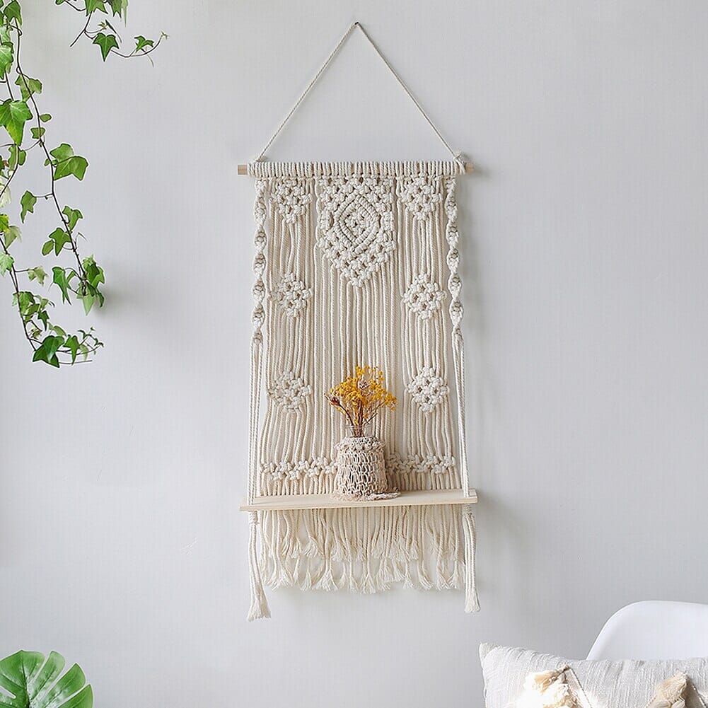 Prateleiras de Parede BohoLoom - Decoração de Parede Rústica em Madeira com Macramé