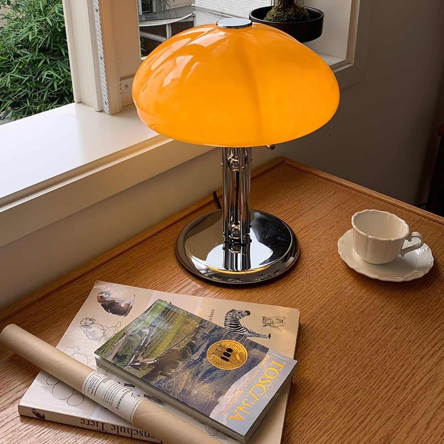 Aurelia Amber Glass Mushroom Bauhaus Table Lamp With Soft Glow