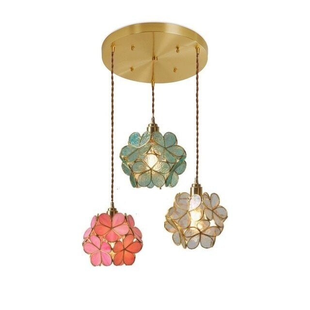 Nordic Glass Petal Pendant Light In Brass, Hand-Stitched
