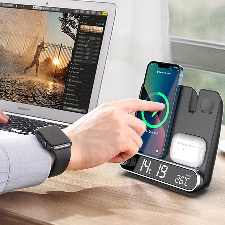 Estação de Carregamento Sem Fios 3 em 1 Luno com Relógio Despertador