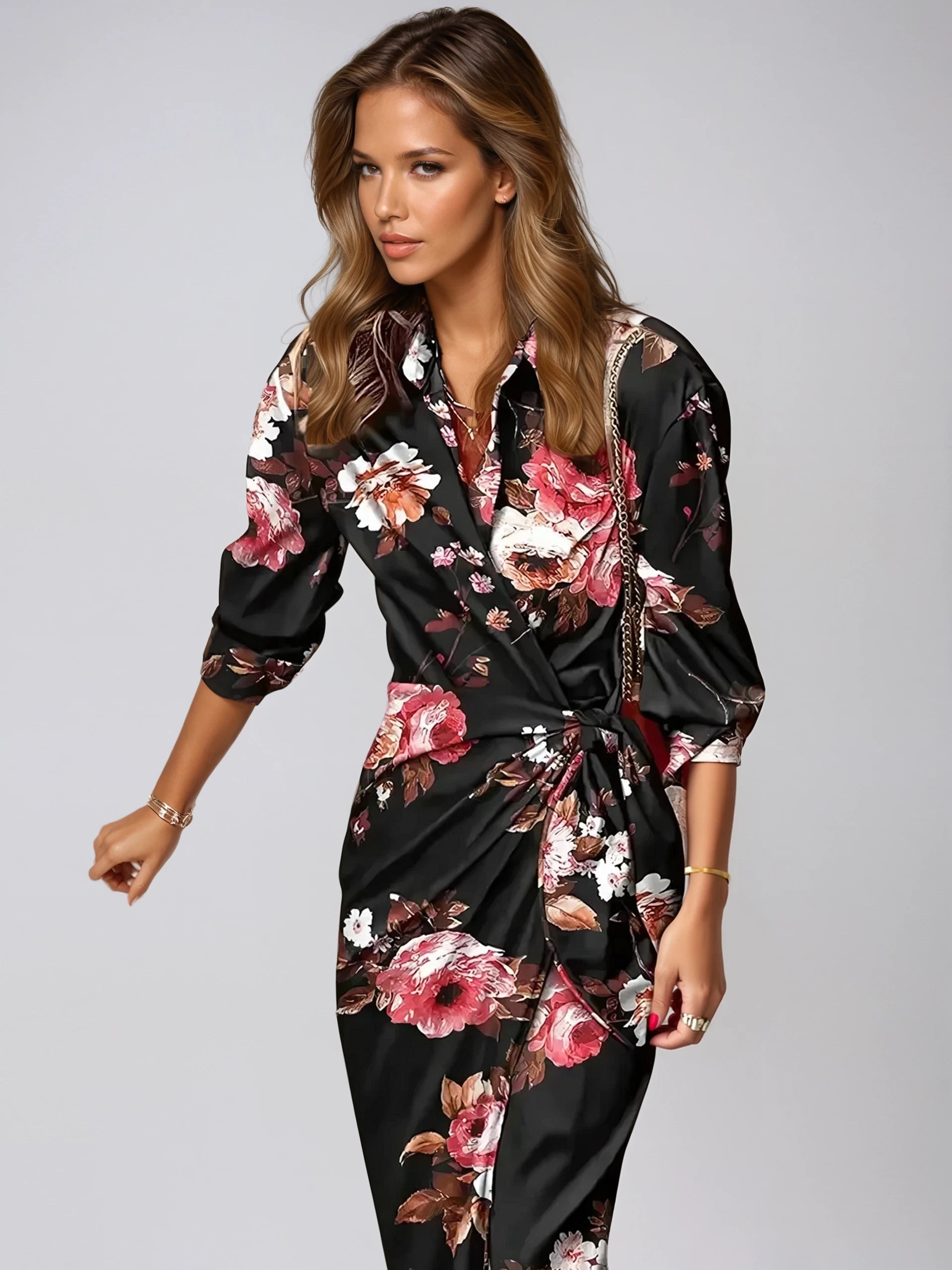 Maxikleid mit abstraktem Druck, langen Ärmeln und Taillendetailierung