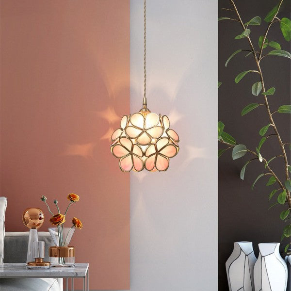 Nordic Glass Petal Pendant Light In Brass, Hand-Stitched
