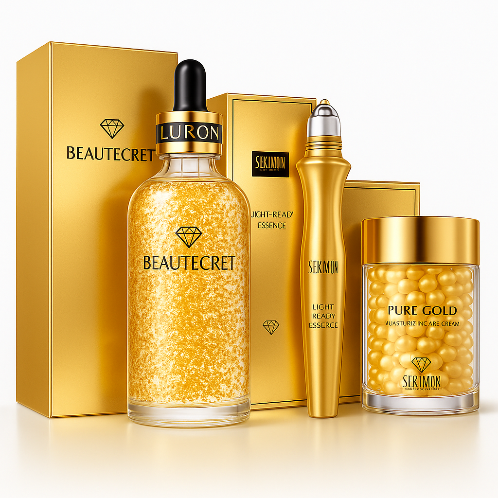 Gilded Glow Niacinamid Hudplejesæt med Aldersbekæmpende Serum og Mørke Ringe Fjerner