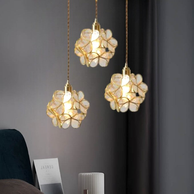 Nordic Glass Petal Pendant Light In Brass, Hand-Stitched