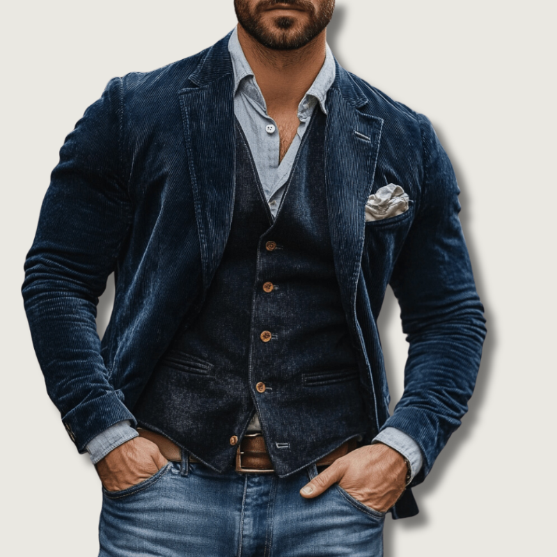 Completo classico in velluto a coste blu navy con gilet due pezzi