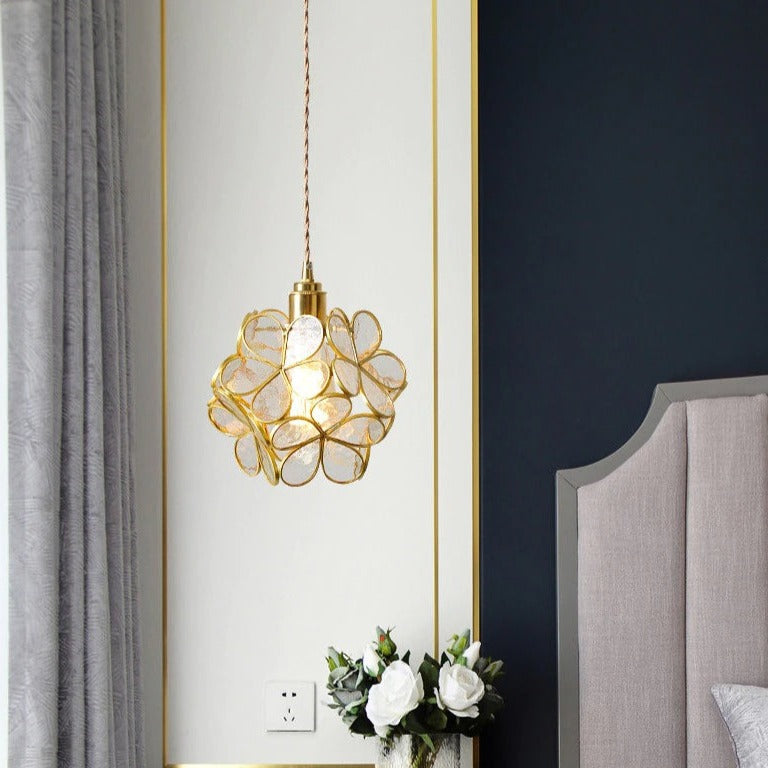 Nordic Glass Petal Pendant Light In Brass, Hand-Stitched