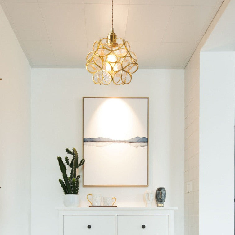 Nordic Glass Petal Pendant Light In Brass, Hand-Stitched