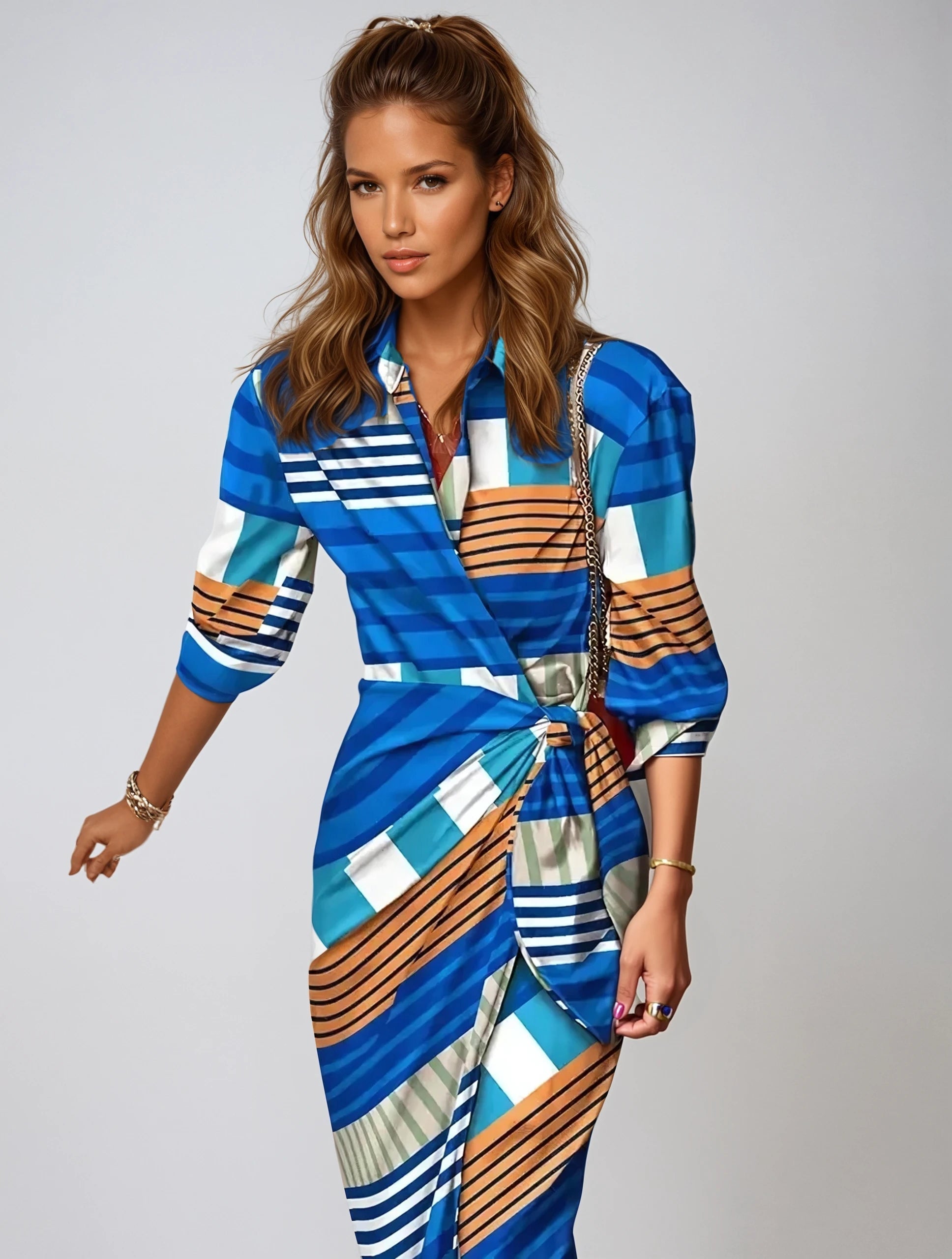 Robe longue à manches longues imprimé abstrait avec détails à la taille