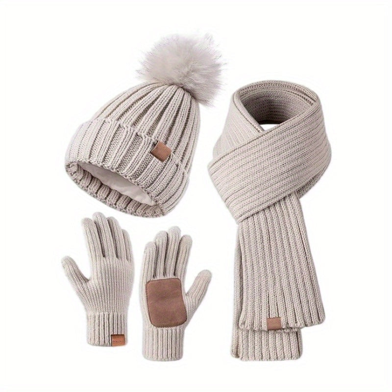 Cozy 3-In-1 Knitted Winter Set with Hat Scarf and Touchscreen Gloves