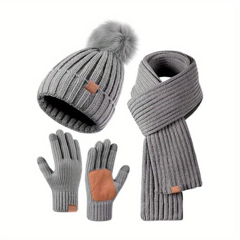 Cozy 3-In-1 Knitted Winter Set with Hat Scarf and Touchscreen Gloves
